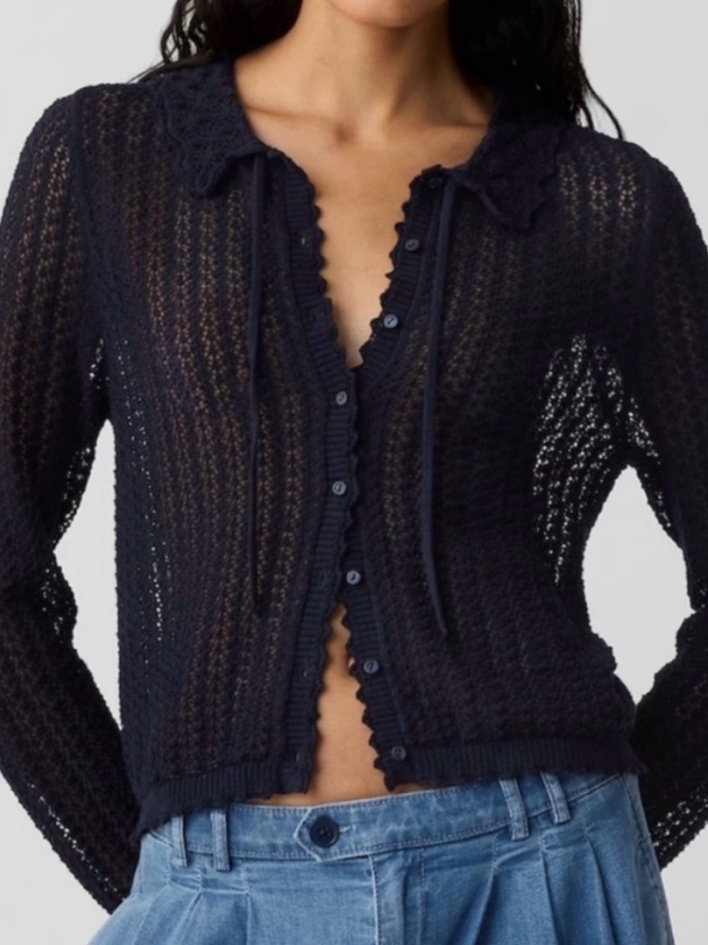 Gap x Doen linen blend cardigan XS navy blue pointelle crochet tie front collar